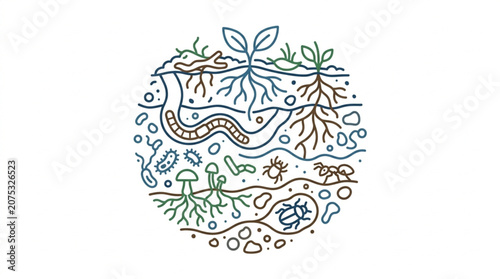 Illustration of soil layers with plant roots and organisms.