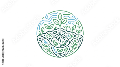 Circular illustration of plant growth and soil ecosystem.
