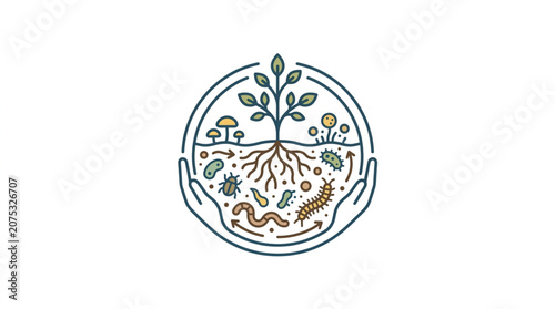 Circle Emblem Illustrating Healthy Ecosystem With Hands Protecting Nature.