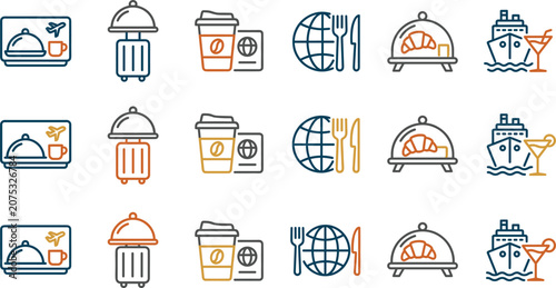 Obraz na plátně Travel and tourism catering icon set representing inflight meals global cuisine cruise dining hotel service airport hospitality food