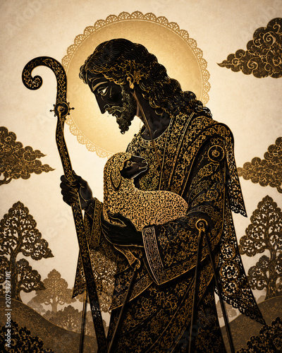 A bearded shepherd in a traditional robe holds a lamb and a shepherd's crook gently.
