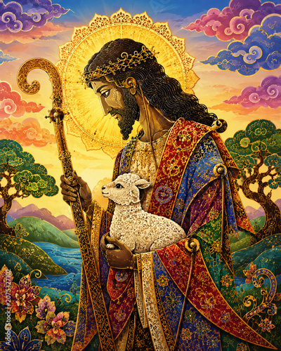 Jesus Christ holding a lamb, wearing a colorful robe and golden crown, with a shepherd's staff