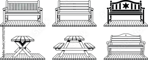 Quadro su tela Vector collection of outdoor furniture line drawings including benches, picnic t