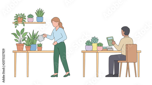 People tending houseplants in a bright indoor setting, home gardening illustration