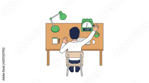Student waving hand at desk with lamp, computer, and clock, back view, isolated on white