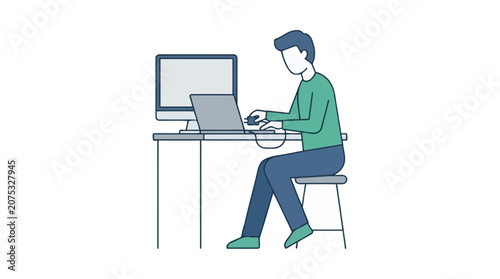 Man Typing on Laptop Computer at Desk, Workspace Illustration, Modern Technology Concept
