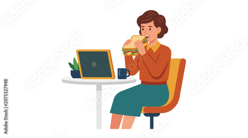Woman eating sandwich at desk with laptop, taking a break from work