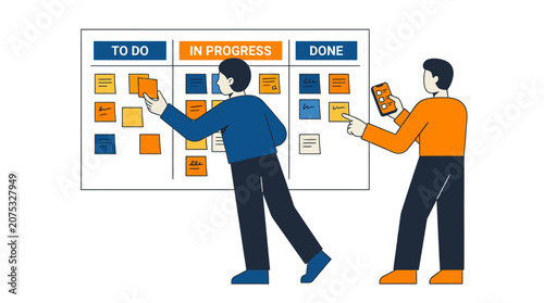 Agile Scrum Board with Team Members Managing Tasks - To Do, In Progress, Done