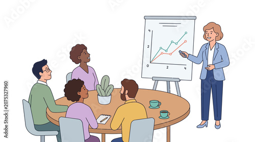 Business meeting with diverse team presenting growth chart on whiteboard