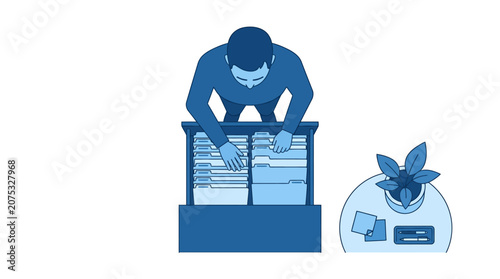 Man sorting files in filing cabinet, office organization, top view, blue illustration