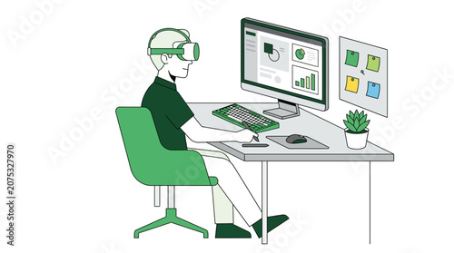 Man wearing VR headset working at computer desk with data visualization