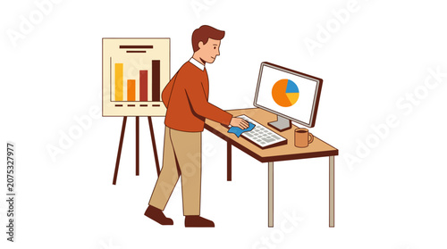 Man cleaning office desk with computer and presentation chart, business concept illustration