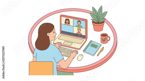 Woman working from home, attending online meeting on laptop, diverse colleagues on screen