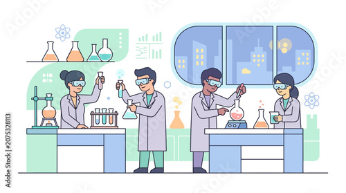 Diverse scientists conducting experiments in a modern laboratory with city view