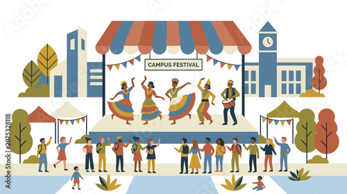 Diverse Students Celebrate at Vibrant Campus Festival with Outdoor Stage and Performers