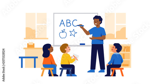 Teacher teaching ABCs to diverse children in classroom