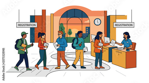 Students Registering at University Welcome Desk with Building Background