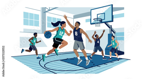 Diverse basketball players competing in indoor court game, action shot