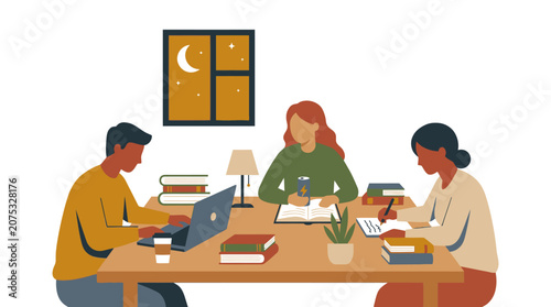 Diverse students studying late at night, laptops, books, moonlit window, teamwork concept