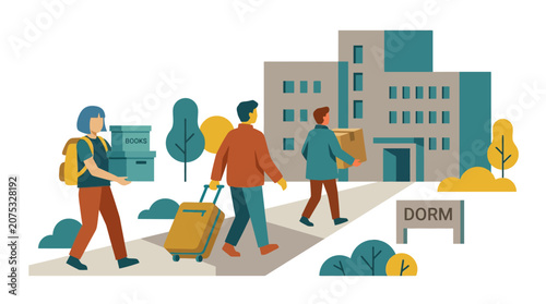 Students Moving into Dormitory, College Life, Moving Boxes and Luggage
