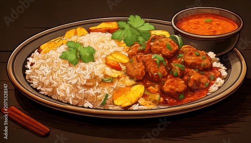 Delicious Indian Chicken Curry with Rice and Plantains.