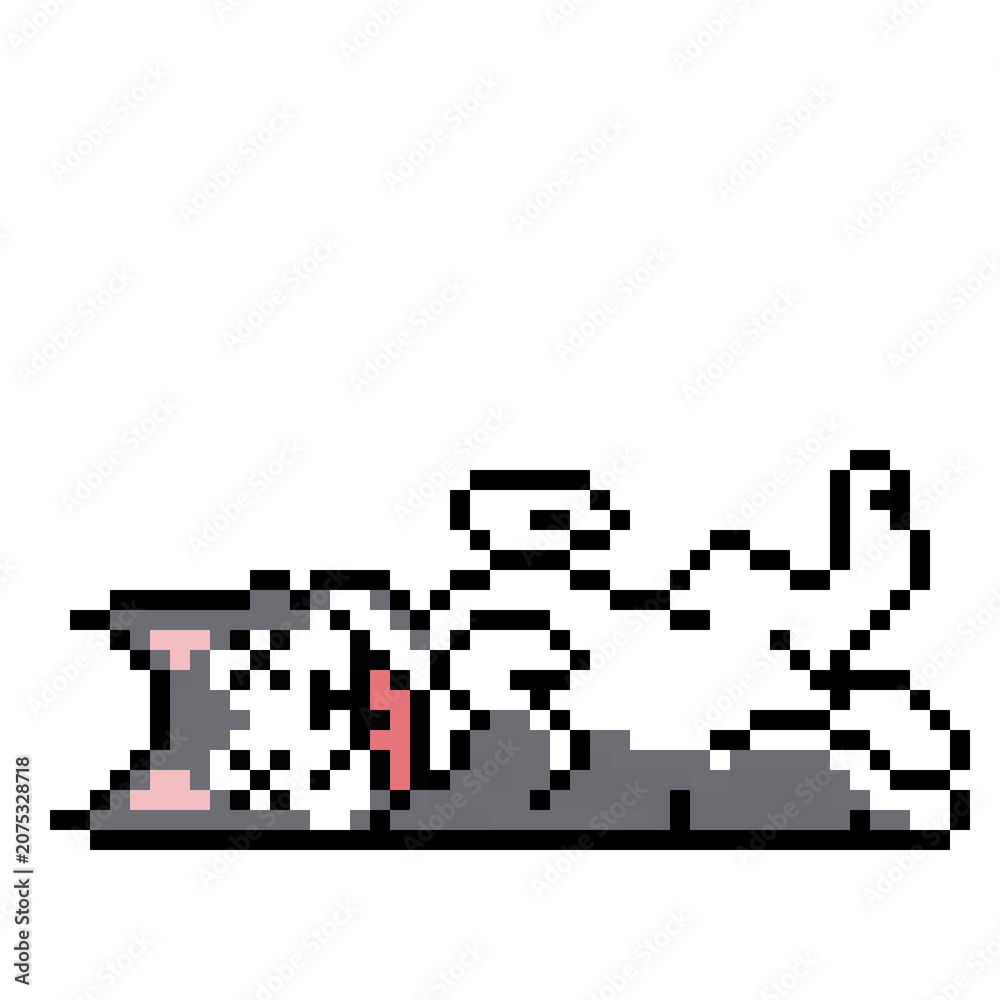 Fototapeta premium Cute pixel art illustration of a gray and white Siberian husky dog lying on its back with belly up and tongue out. Retro 8-bit or 16-bit