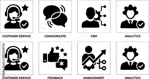 Customer icon set. Containing call center, communicate, customer service, feedback, management and more. Solid icons collection.
