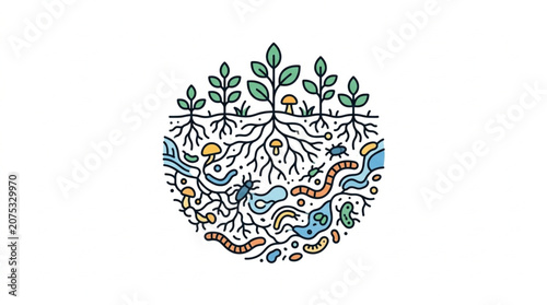 Tableau sur toile Illustration of healthy soil ecosystem with plants and roots.
