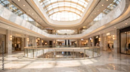 out of focus wide angle interior shot of a luxurious modern shopping mall, large glass dome skylight, marble flooring, multi-level retail space.