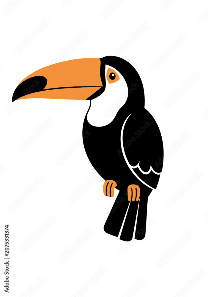 Obraz premium Flat design toucan with large orange beak on white background