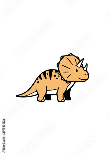 Cute cartoon triceratops dinosaur with orange skin and black stripes