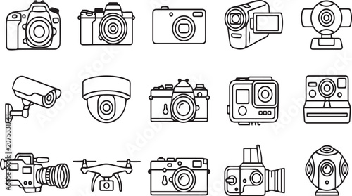 Bild auf Leinwand Filmmaking and camera gear line icons displaying diverse recording and monitoring devices