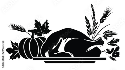 Elegant Thanksgiving Feast with Roasted Turkey and Pumpkin Decorations.