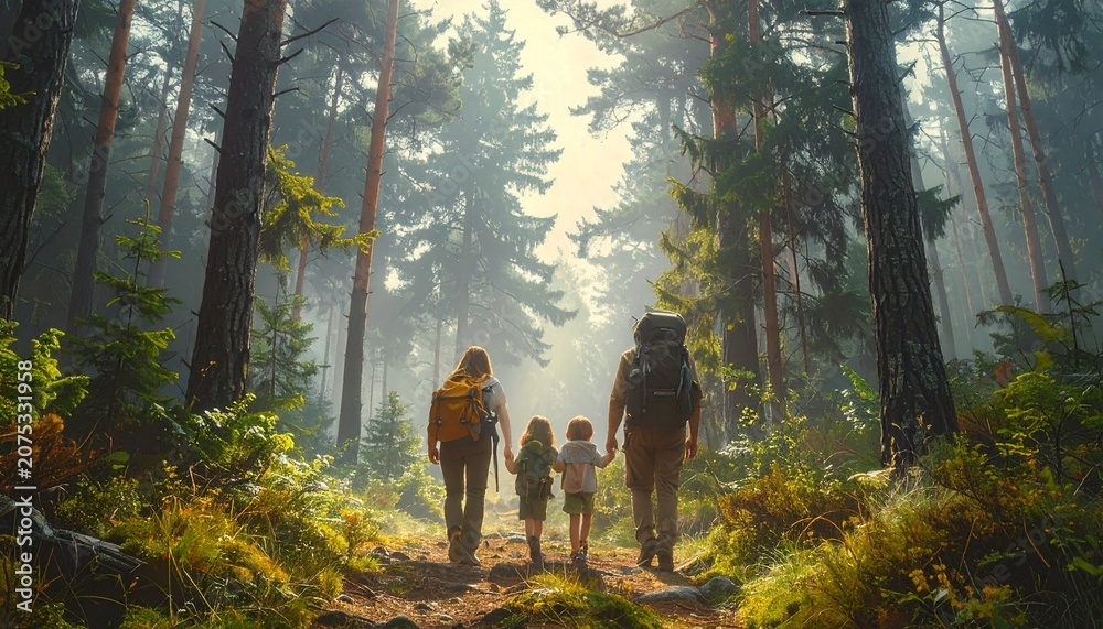 Obraz premium Family hiking together in forest.
