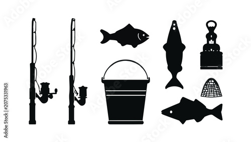 Fishing Equipment and Fish Illustration for Marine Activities.