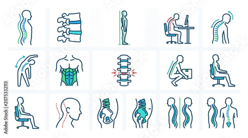 Human Spine Health Posture and Anatomy Icons Set.