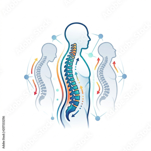 Human spine anatomy and posture correction illustration.