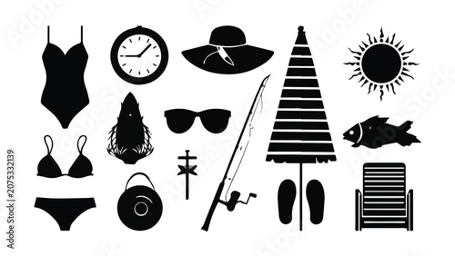 Collection of Summer Beach Accessories and Items for Vacation.