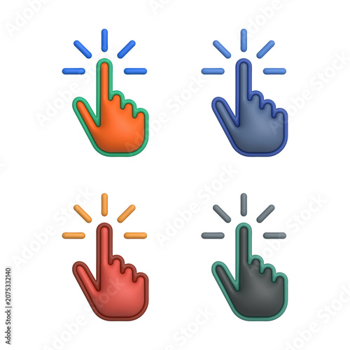 3D hand clicking icon set vector illustration isolated on white background. Minimalist click finger cursor buttons in blue, orange, red and gray for web UI UX design and call to action.