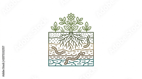 фотографія Illustration of plant roots and earthworms in soil layers.