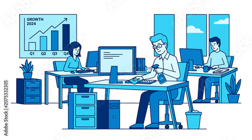 Business Office Cleanliness: Staff Cleaning Desks with Growth Chart Background