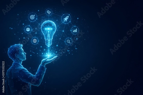 Innovative person holding glowing light bulb with holographic business icons. low poly futuristic world youth skills day innovation technology. low poly futuristic world youth skills day