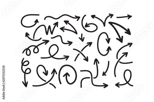 Collection of hand drawn organic swirling and decorative arrow elements with decorative collection pointing direction annotation creative artistic ornamental abstract movement corkscrew