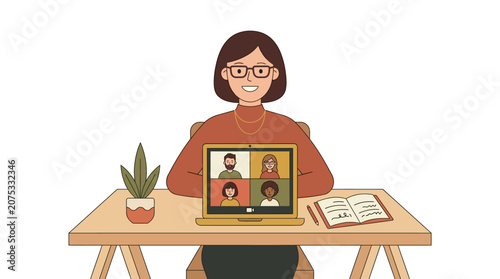 Woman video conferencing with team on laptop, remote work, online meeting concept
