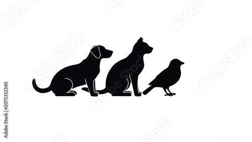 Silhouette of Three Different Animals Including Dog Cat and Bird.