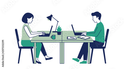 Two people working on laptops at a shared desk, modern office illustration
