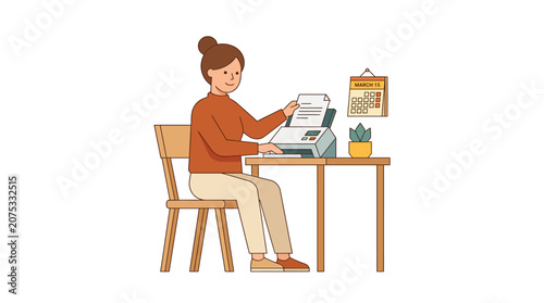 Woman working at desk with printer and calendar, office illustration