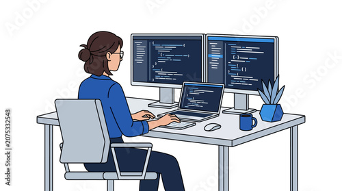 Woman Programmer Coding on Dual Monitors and Laptop at Desk