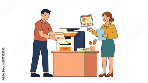 Office teamwork: man and woman using copier with documents and charts