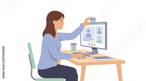 Woman adjusting webcam for video call on computer screen with people icons